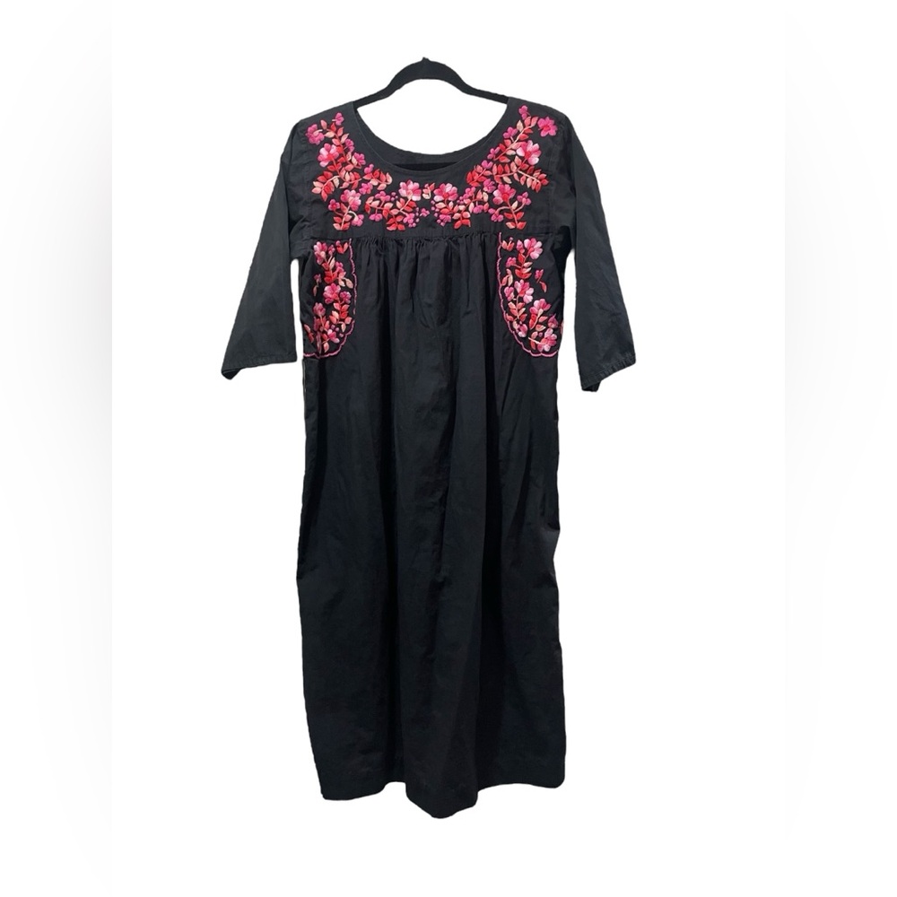 Nahuit Black And Pink Floral Embroidered Hand Made 100% Cotton Dress READ